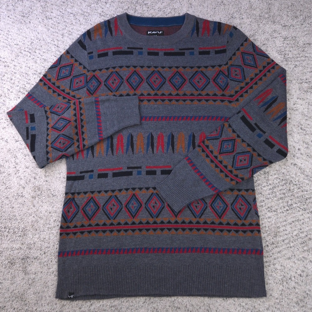 Kavu Sweater Mens Medium Geometric Crew Neck Pullover Knit Logo Long Sleeve EUC
